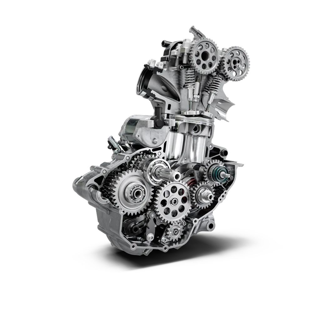 Motor der Husqvarna FE 350 2026 im Schnitt mit sichtbaren Zahnrädern und Ventiltrieb