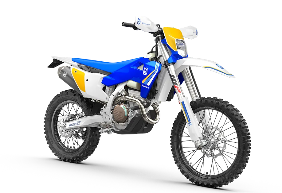 Husqvarna FE 350 Heritage 2025 in Blau-Gelb-Weiß als sportliches Enduro-Motorrad