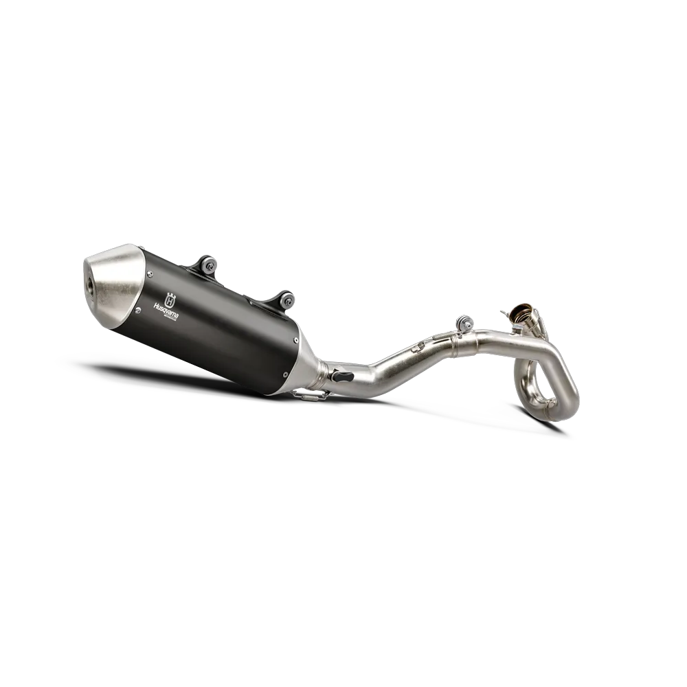 Hochwertige Auspuffanlage der Husqvarna FE 450 mit Enduro-typischem Design