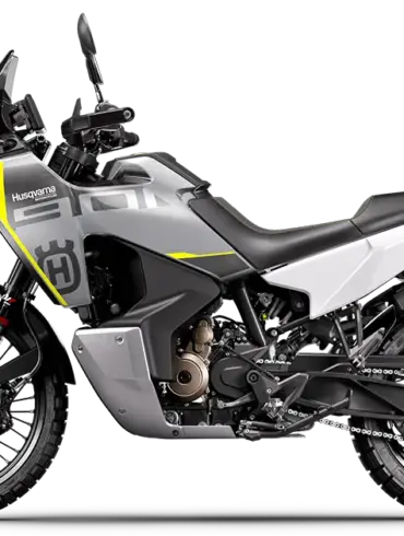 Seitenansicht der Husqvarna Norden 901 Reiseenduro, Modell 2022, mit gelben und grauen Akzenten.