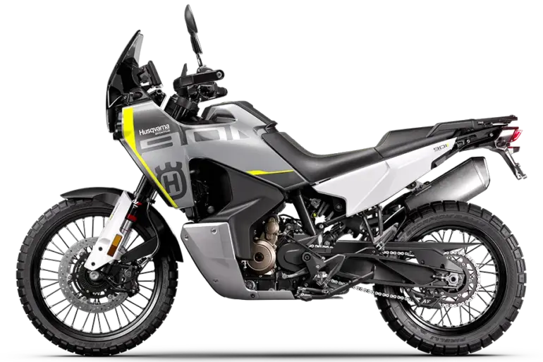 Seitenansicht der Husqvarna Norden 901 Reiseenduro, Modell 2022, mit gelben und grauen Akzenten.
