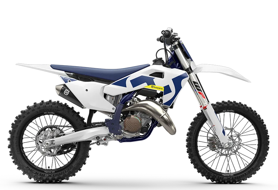Husqvarna TC 125 2026 Motocross-Motorrad in seitlicher Ansicht vor weißem Hintergrund