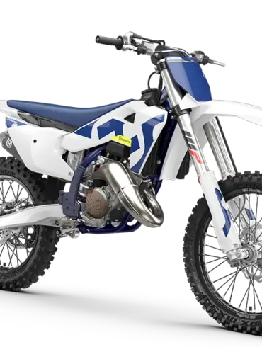Husqvarna TC 125 2026 Motocross-Motorrad in seitlicher Ansicht, weiß-blaues Design, stehende Präsentation vor neutralem Hintergrund