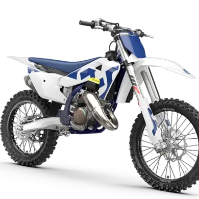 Husqvarna TC 125 2026 Motocross-Motorrad in seitlicher Ansicht, weiß-blaues Design, stehende Präsentation vor neutralem Hintergrund