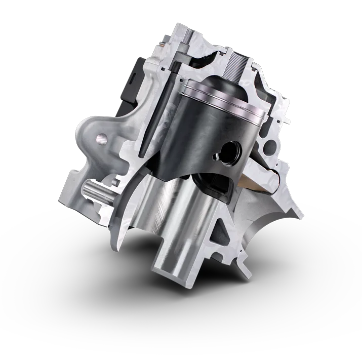 Schnittbild eines Kolbens und Zylinders der Husqvarna TC 125 2026 mit sichtbaren Motorkomponenten.