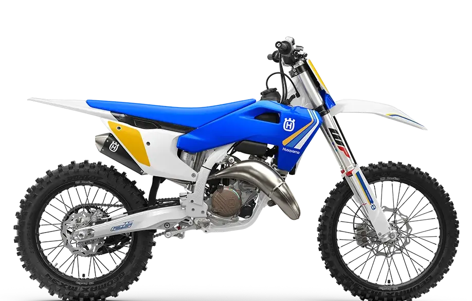 Motocross-Motorrad Husqvarna TC 125 Heritage 2025 mit blau-gelbem Design, Seitenansicht.