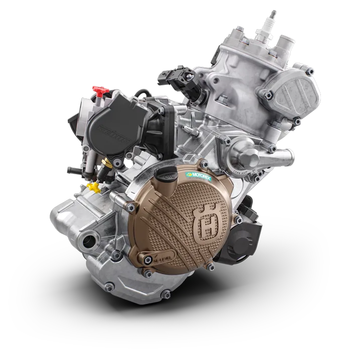 Motor der Husqvarna TC 125 Heritage, 1-Zylinder-2-Takt-Triebwerk mit elektronischer Einspritzung.