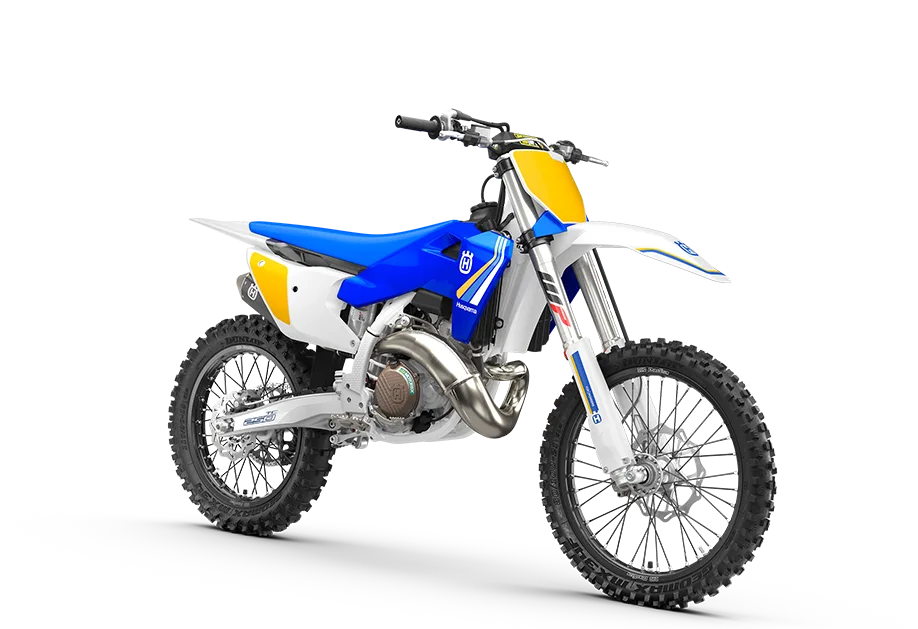 Husqvarna TC 250 Heritage 2025 Motocross-Motorrad in blauer und weißer Heritage-Lackierung seitlich fotografiert