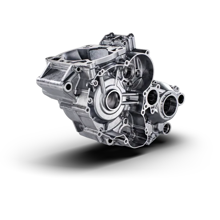 Motorgehäuse der Husqvarna TC 250 Heritage 2025 aus Aluminium, technisch komplexe und präzise gefertigte Motor-Komponente.