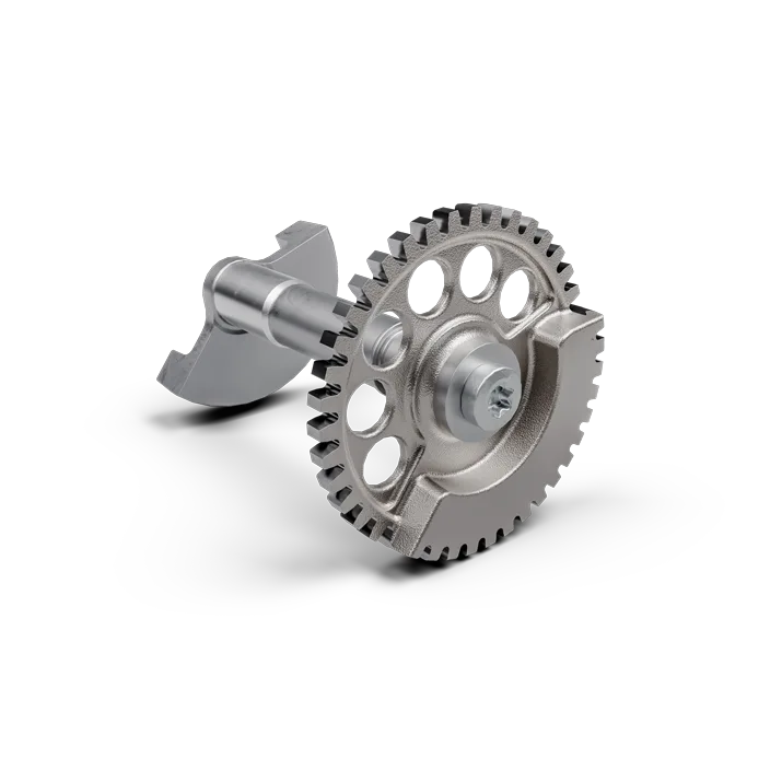 Ausgleichswellenantrieb der Husqvarna TC 300 Heritage als Einzelbauteil vor schwarzem Hintergrund