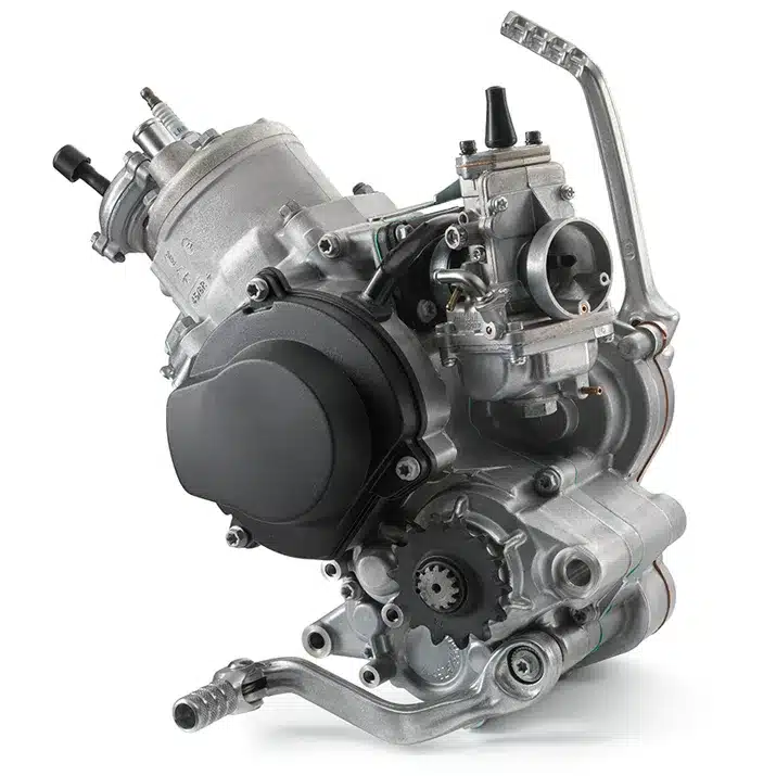 Motor der Husqvarna TC 65 2026 aus Aluminium, mit Vergaser und Kickstarter.