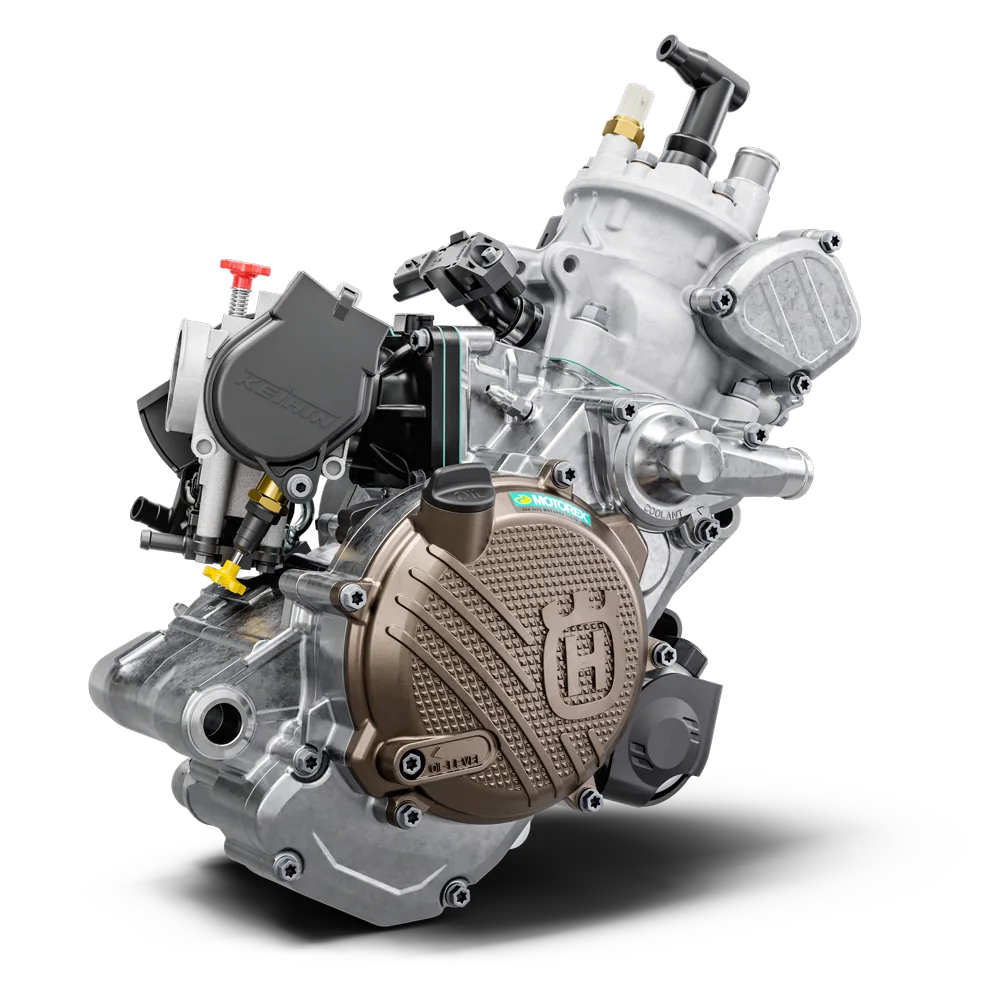 Motor der Husqvarna TE 125 2026 mit elektronischer Auslasssteuerung und Einspritzsystem