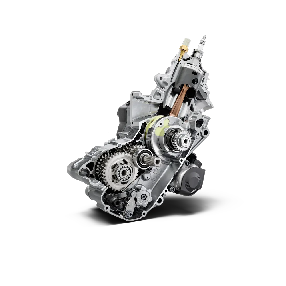 Querschnitt des Motors der Husqvarna TE 125 2026, zeigt innere Bauteile und Konstruktion.