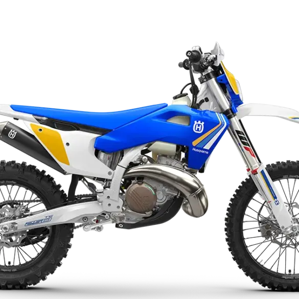 Husqvarna TE 250 Heritage 2025 Motorrad in Seitenansicht mit blau-gelbem Retro-Design