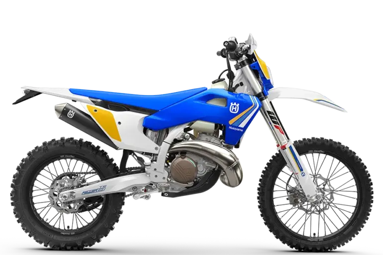 Husqvarna TE 250 Heritage 2025 Motorrad in Seitenansicht mit blau-gelbem Retro-Design