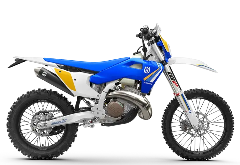 Husqvarna TE 250 Heritage 2025 Motorrad in Seitenansicht mit blau-gelbem Retro-Design