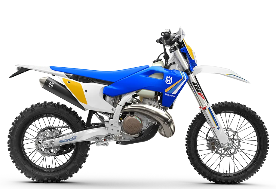 Husqvarna TE 250 Heritage 2025 Motorrad in Seitenansicht mit blau-gelbem Retro-Design