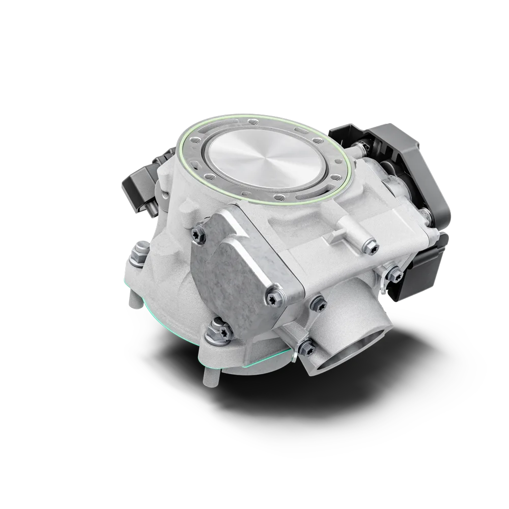 Motorzylinder der Husqvarna TE 300 2026 mit Drosselklappeneinspritzung und elektronisch angesteuertem Auslassventilsystem.