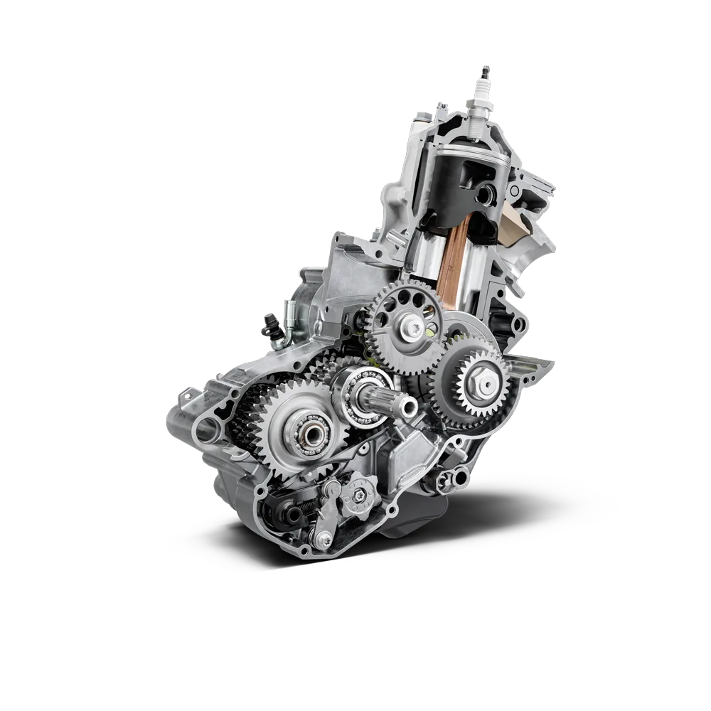 Querschnitt des Zweitaktmotors der Husqvarna TE 300 2026 mit sichtbaren Zahnrädern und Kolben