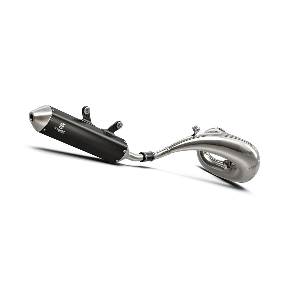 Abgasanlage und Endschalldämpfer der Husqvarna TE 300 2026 freigestellt vor weißem Hintergrund