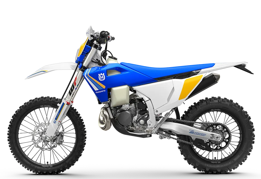Husqvarna TE 300 Heritage Enduro-Motorrad in Heritage-Lackierung seitliche Ansicht