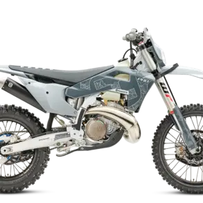 Husqvarna TE 300 Pro 2026 Enduro-Motorrad in grauer Ausführung, seitlich fotografiert.