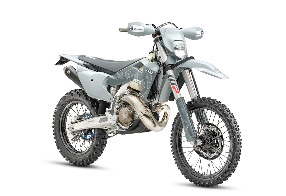 Husqvarna TE 300 Pro 2026 Enduro-Motorrad in grauer Ausführung, seitliche Ansicht