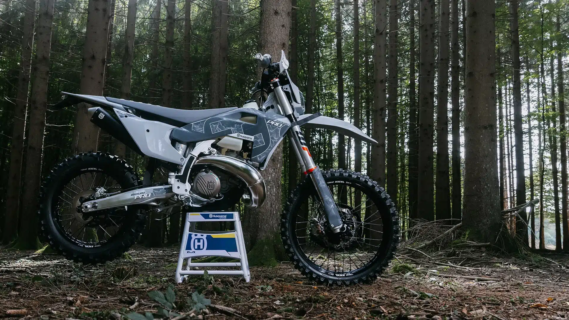 Husqvarna TE 300 Pro 2026 Enduro-Motorrad steht im Wald auf einem Ständer, Seitenansicht, graue Karosserie, Offroad-Bereifung.