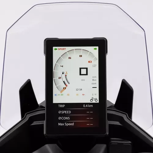 TFT-Instrumenteneinheit der KOVE 800X PRO mit Fahrinformationen im Sport-Modus