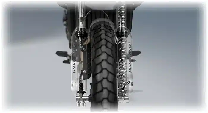 Frontansicht des Vorderrads und der Federung der Royal Enfield Himalayan 452