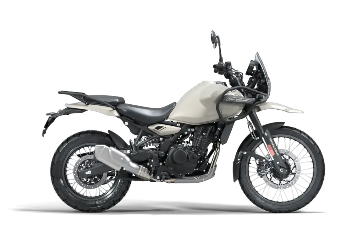 Royal Enfield Himalayan 452, Modell 2024, Kamet White, Seitenansicht, Adventure-Motorrad mit Speichenrädern und Zubehör.