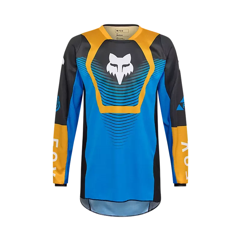 180 Collect Blue Moto-Jersey mit moderner Farbgebung und Fox-Logo, Vorderansicht