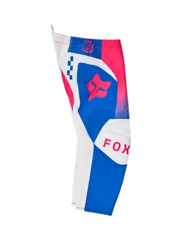 Seitenansicht der FOX 180 Collect Motocross-Hose für Kinder in Blau, Weiß und Pink