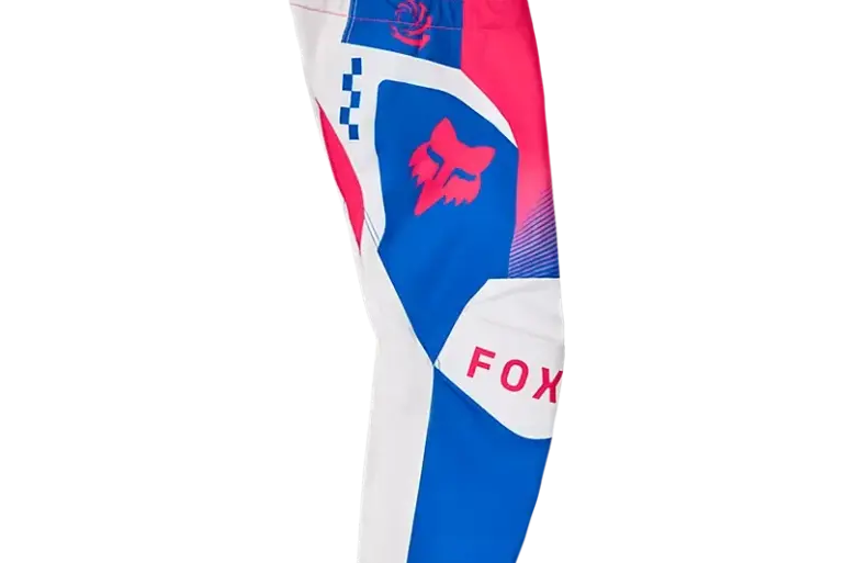 Seitenansicht der FOX 180 Collect Motocross-Hose für Kinder in Blau, Weiß und Pink