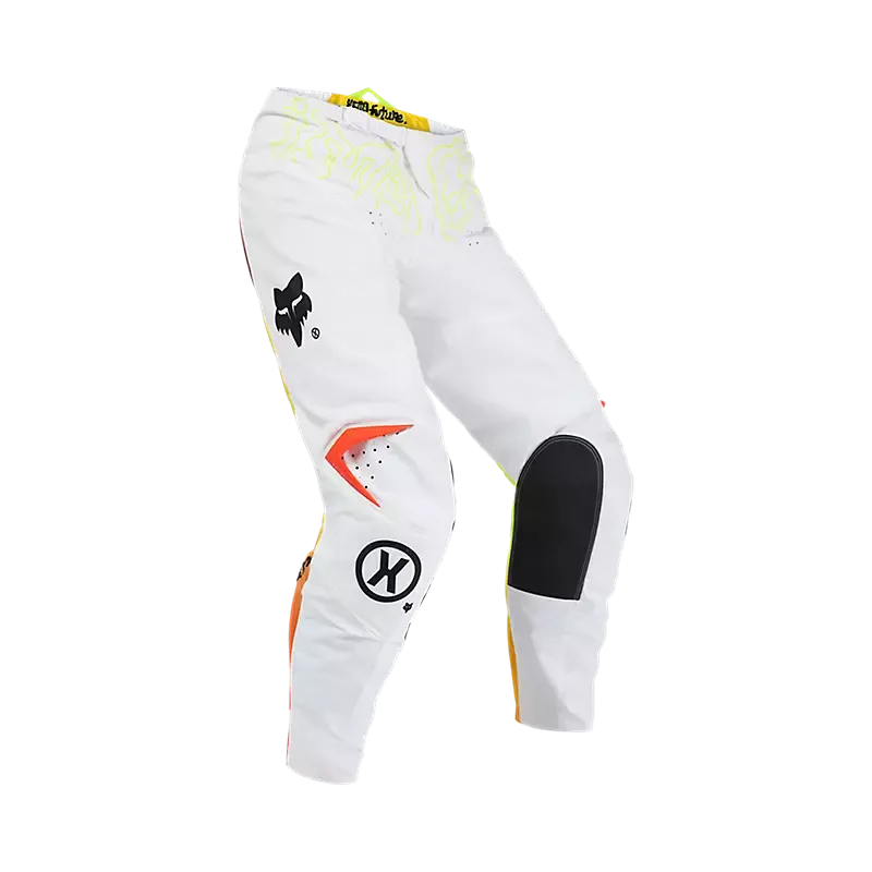 Weiße Motocross-Hose 180 Hello Future mit schwarzen, orangen und gelben Details, inklusive Lederknieschutz