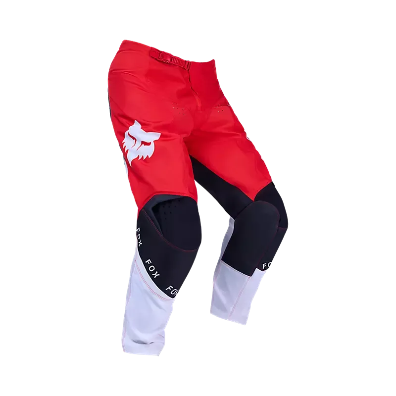 Rote 180 Honda Motocross-Hose mit schwarzen und weißen Beinabschlüssen, abriebfesten Knieeinsätzen und Fox-Logo.
