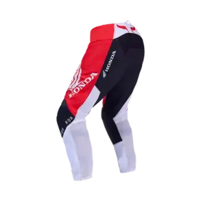 Motocross-Hose 180 Honda mit rotem, schwarzem und weißem Design und Honda-Schriftzügen, Rückansicht, Produktfoto vor weißem Hintergrund.