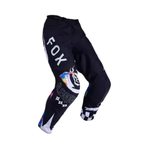 Schwarze Fox 180 Image Cosmo Motocross-Hose mit weißen und bunten grafischen Details.