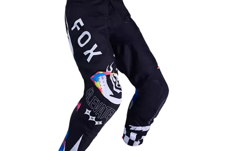 Schwarze Fox 180 Image Cosmo Motocross-Hose mit weißen und bunten grafischen Details.