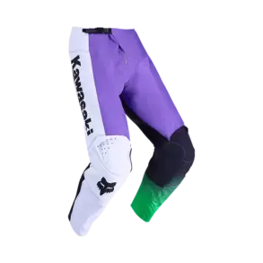 Motocross‑Hose in Lila und Weiß mit schwarzen und grünen Akzenten sowie Kawasaki‑Schriftzug, ausgelegt für hohe Belastbarkeit und Bewegungsfreiheit.