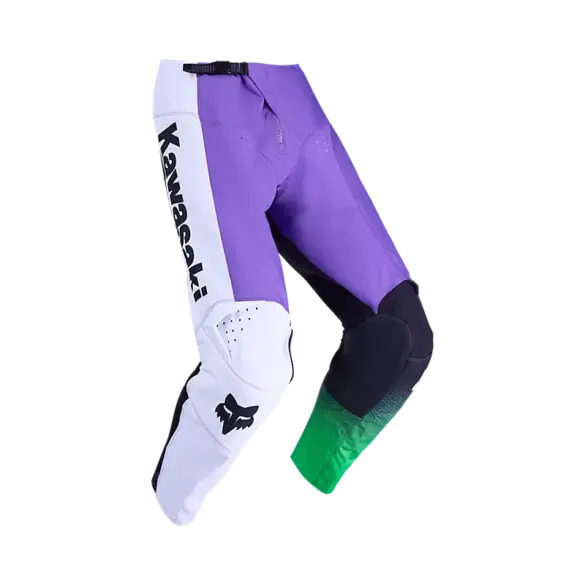 Motocross‑Hose in Lila und Weiß mit schwarzen und grünen Akzenten sowie Kawasaki‑Schriftzug, ausgelegt für hohe Belastbarkeit und Bewegungsfreiheit.