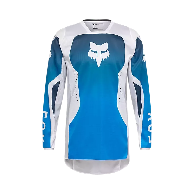 Blaues Motocross-Jersey mit langen Ärmeln und Fox-Logo auf der Frontansicht