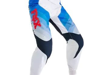 Blau-weiße 360 Fade Motocross-Hose mit roten Fox-Logo und verstärkten Kniebereichen.