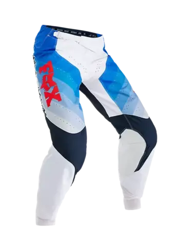 Blau-weiße 360 Fade Motocross-Hose mit roten Fox-Logo und verstärkten Kniebereichen.