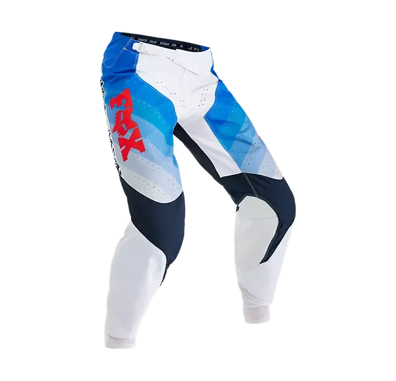 Blau-weiße 360 Fade Motocross-Hose mit roten Fox-Logo und verstärkten Kniebereichen.