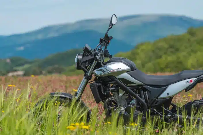 Beta Alp X Motorrad steht im hohen Gras mit Bergen im Hintergrund