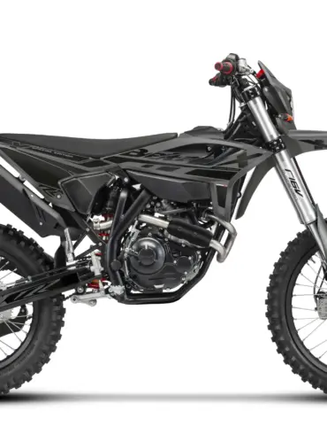 Seitenansicht der Beta RR 4T 125 T X Special Edition, einem modernen Enduro-Motorrad in Grau und Schwarz.