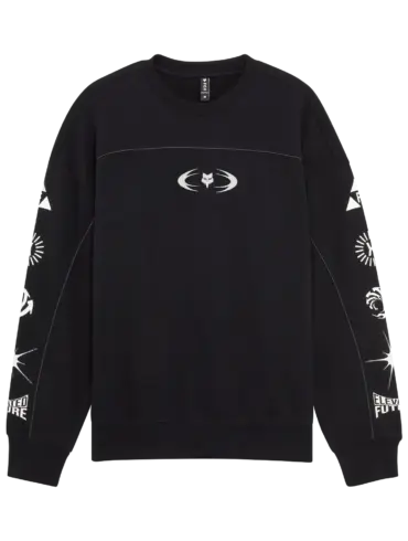 Schwarzes Oversized Fleece Crew Sweatshirt mit reflektierendem Streifen und grafischen Akzenten auf Vorder- und Rückseite sowie Ärmeln