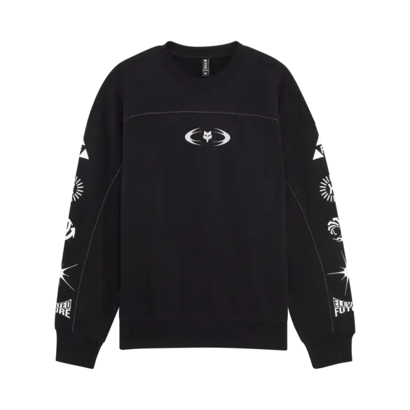 Schwarzes Oversized Fleece Crew Sweatshirt mit reflektierendem Streifen und grafischen Akzenten auf Vorder- und Rückseite sowie Ärmeln