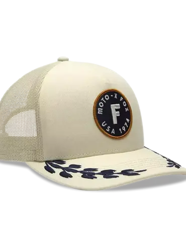Beige Circa 74 Mesh Trucker Hut für Frauen mit großem F-Logo, Mesh-Einsatz und grafischem Schirm.